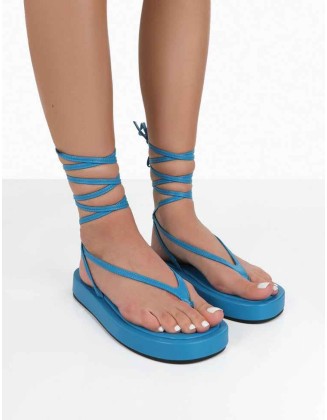Beach Babe Blue Lace Up Toe Thong Flatform Sandals