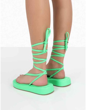 Beach Babe Green Lace Up Toe Thong Flatform Sandals