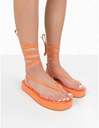Beach Babe Orange Lace Up Toe Thong Flatform Sandals