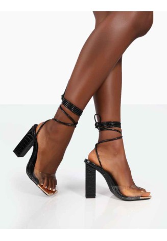 Date-Night Wide Fit Black Croc Lace Up Clear Perspex Square Toe Heels