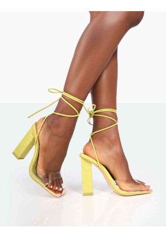 Date-Night Wide Fit Lime Croc Lace Up Clear Perspex Square Toe Heels