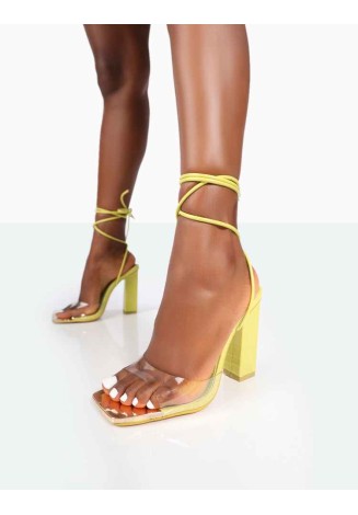 Date-Night Wide Fit Lime Croc Lace Up Clear Perspex Square Toe Heels