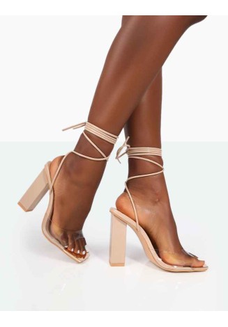 Date-Night Wide Fit Nude PU Lace Up Clear Perspex Square Toe Heels
