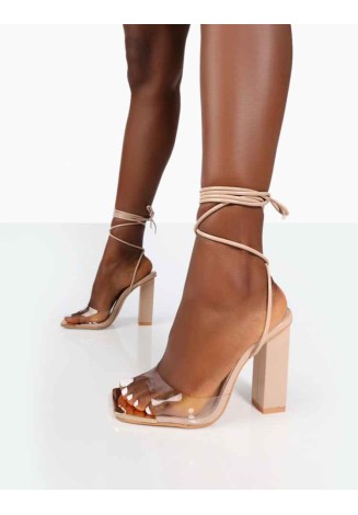Date-Night Wide Fit Nude PU Lace Up Clear Perspex Square Toe Heels