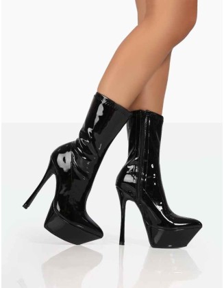 Vegas Black Patent Pointed Stilleto Platform Heeled Ankle Boots